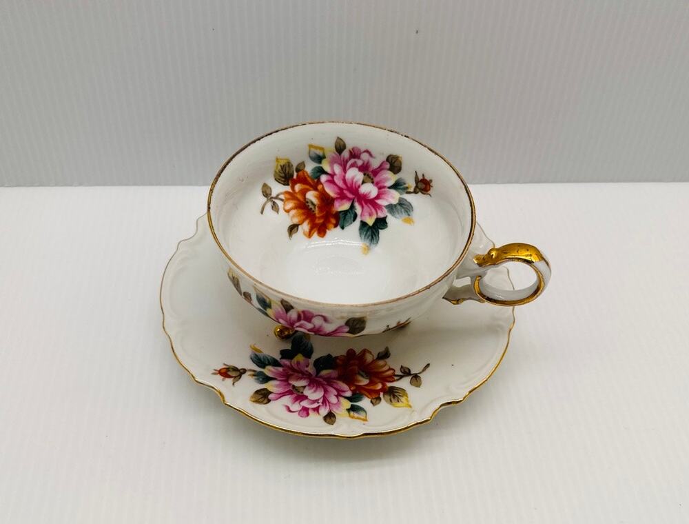 Vintage Ucagco Fine China Pink & Orange Floral Footed Teacup and Saucer Set